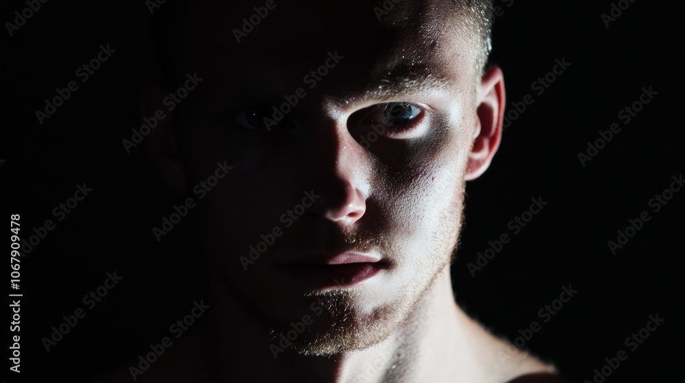 Inner Conflict: Dramatic Portrait of Person with Half Face in Light and Half in Darkness Reflecting Moral Dilemma Inner Conflict: Dramatic Portrait of Person with Half Face in Light and Half in Darkness Reflecting Moral Dilemma