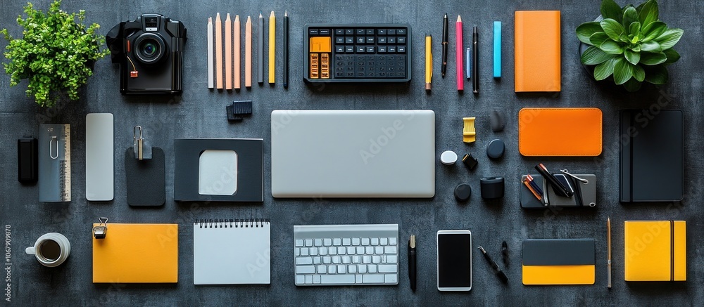 Flat lay of a modern workspace with a laptop, keyboard, camera, pens, and other office supplies on a grey background. Flat lay of a modern workspace with a laptop, keyboard, camera, pens, and other office supplies on a grey background.