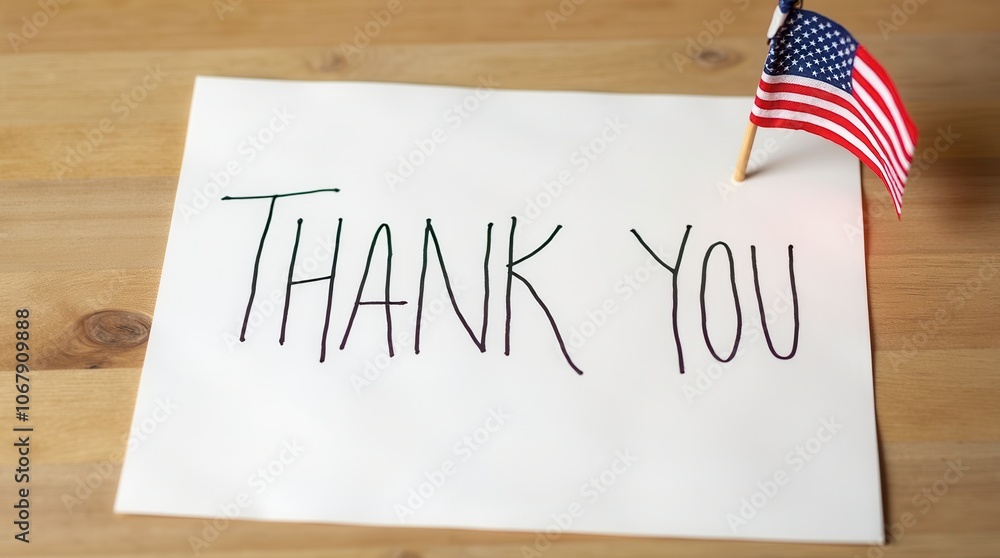 Thank You Note Placed Beside a Small Flag on a Wooden Table. Generative AI Thank You Note Placed Beside a Small Flag on a Wooden Table. Generative AI
