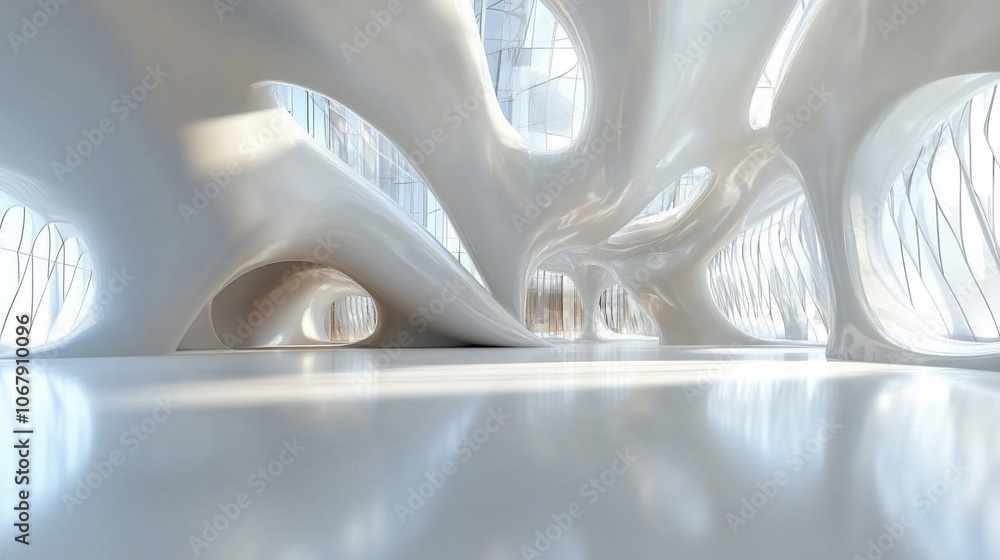 A modern, futuristic interior with flowing, white walls and large windows. The space is open and airy, with a sense of movement and fluidity. A modern, futuristic interior with flowing, white walls and large windows. The space is open and airy, with a sense of movement and fluidity.