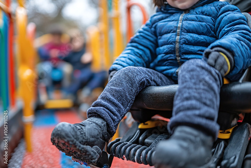 children with diverse physical abilities playing on adapted playground equipment.