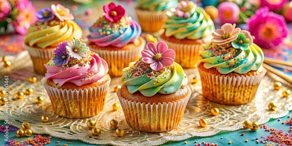 Festive Cupcakes Adorned with Delicate Flower Decorations and Glittering Sprinkles, Resting on a Lace Doily Festive Cupcakes Adorned with Delicate Flower Decorations and Glittering Sprinkles, Resting on a Lace Doily