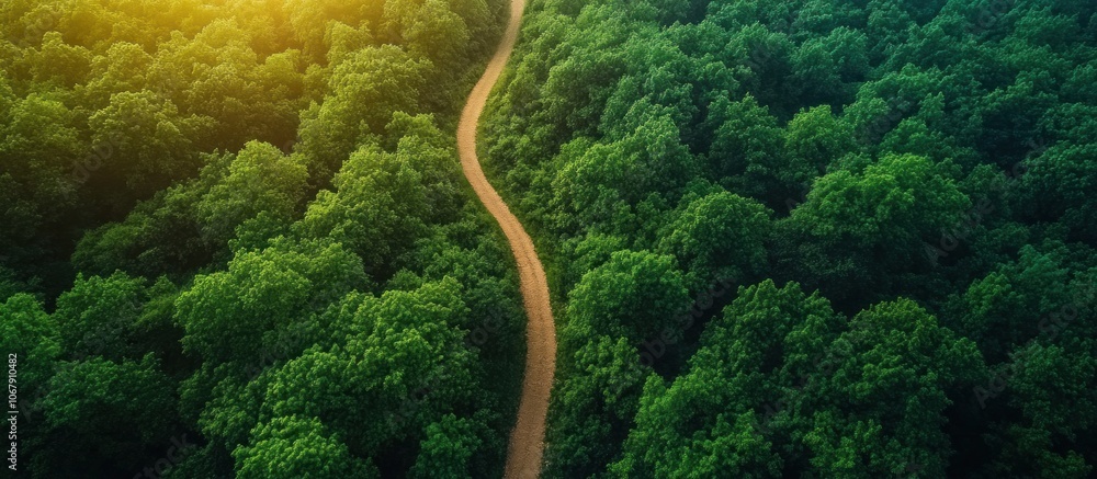 Aerial view of a winding road through a lush green forest, with sunlight filtering through the trees. Aerial view of a winding road through a lush green forest, with sunlight filtering through the trees.