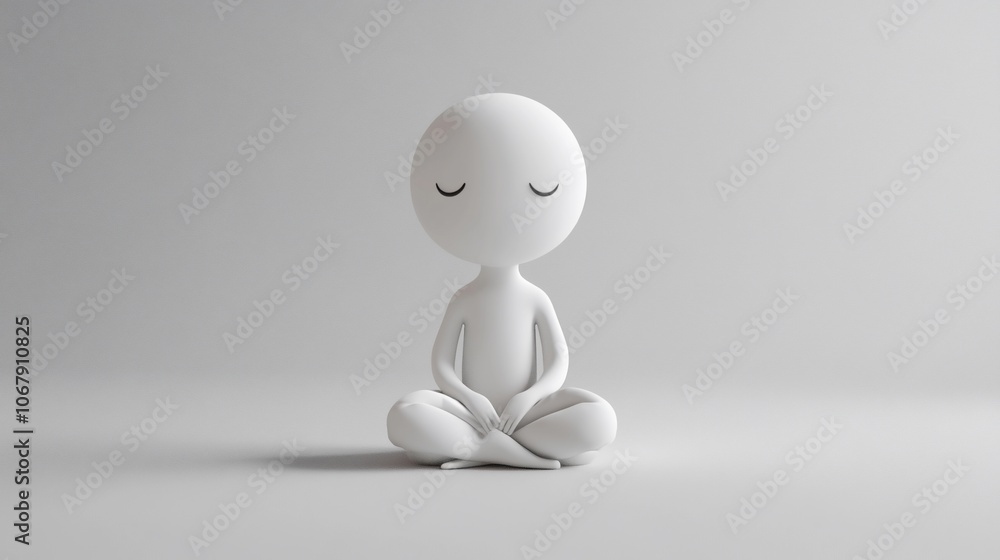 A simple white 3D rendered figure sits in a meditative pose with closed eyes against a white background. A simple white 3D rendered figure sits in a meditative pose with closed eyes against a white background.