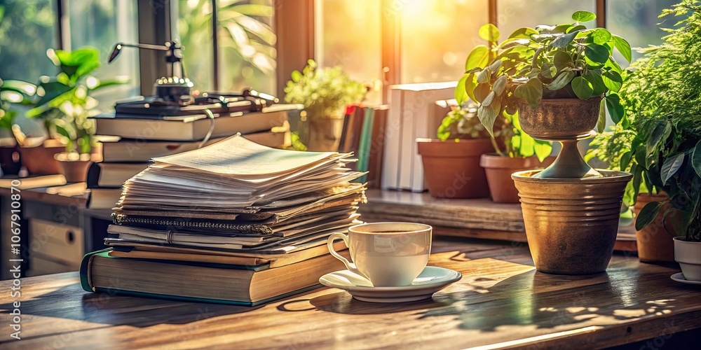 A cup of coffee nestled amidst a collection of books and potted plants, bathed in the warm glow of the morning sun. A cup of coffee nestled amidst a collection of books and potted plants, bathed in the warm glow of the morning sun.