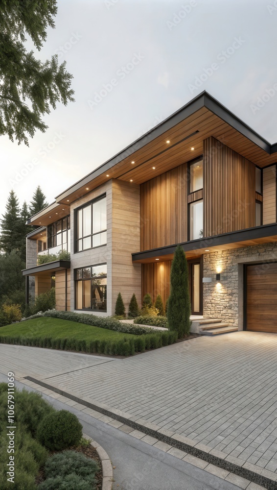 Modern Wood-Paneled House Design With Elegant Landscaping at Dusk. Generative AI Modern Wood-Paneled House Design With Elegant Landscaping at Dusk. Generative AI