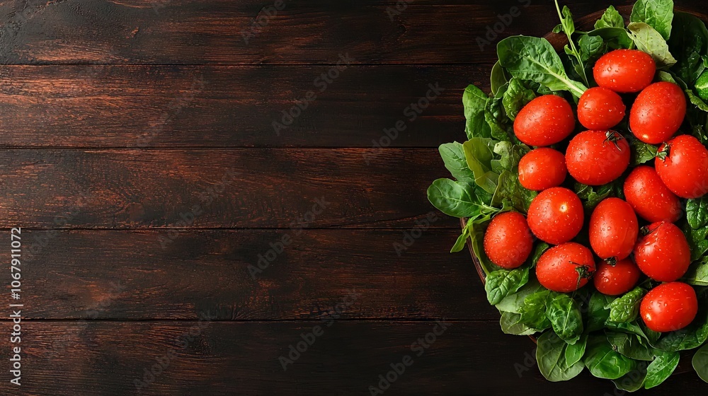 A bowl of fresh tomatoes surrounded by leafy greens on a wooden surface. A bowl of fresh tomatoes surrounded by leafy greens on a wooden surface.