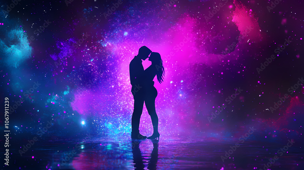 A young couple standing in love in a dimly lit room. surrounded by vibrant purple and blue neon light, sprinkles, splashes and glitter. Neon. Illustration A young couple standing in love in a dimly lit room. surrounded by vibrant purple and blue neon light, sprinkles, splashes and glitter. Neon. Illustration