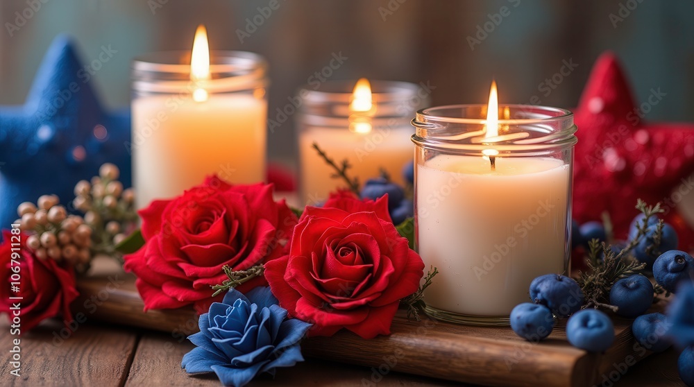 Candle Jars Adorned With Red, White, and Blue for Celebration. Generative AI Candle Jars Adorned With Red, White, and Blue for Celebration. Generative AI