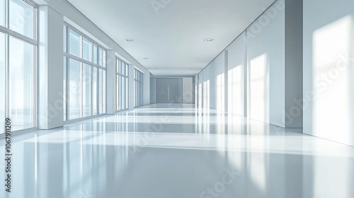 Empty white hallway with large windows and shiny floor.