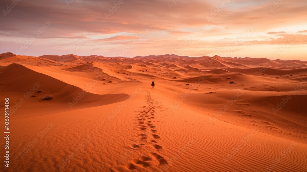 Naklejka premium A lone figure walks through a vast, sunlit desert landscape at sunset.