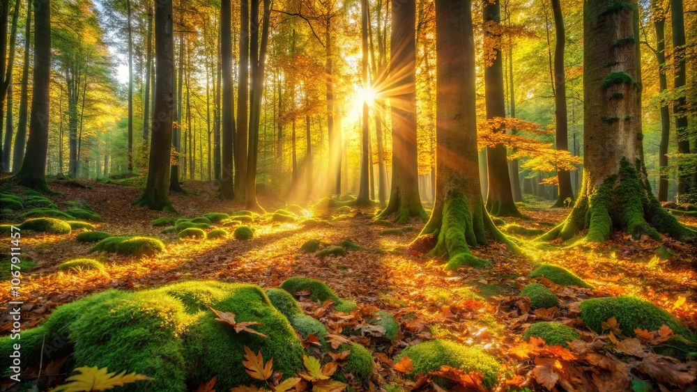 Obraz premium Golden Sunlight Illuminates a Mossy Forest Floor with Fallen Leaves and Sunlight Rays Filtering Through the Canopy
