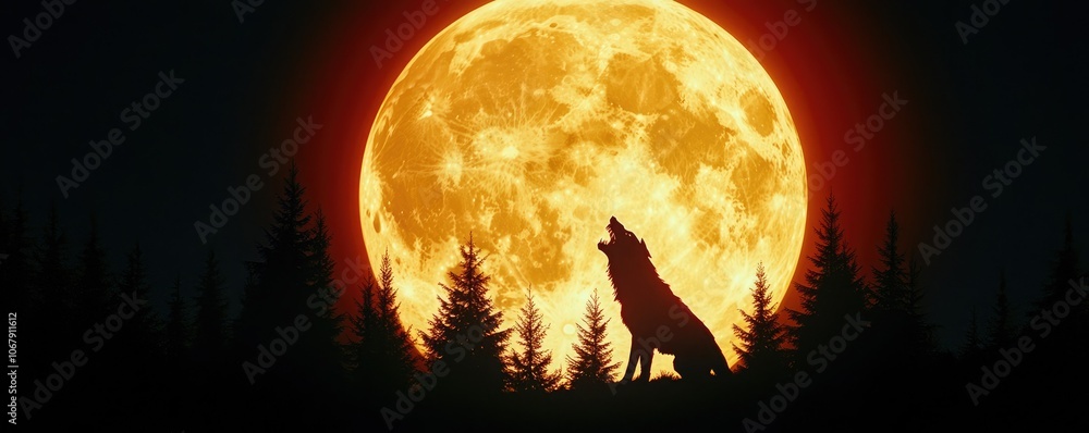 A wolf howls at a large moon, silhouetted against dark forests, creating a dramatic and mystical nighttime scene. A wolf howls at a large moon, silhouetted against dark forests, creating a dramatic and mystical nighttime scene.
