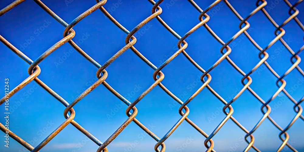 Close up of chain link fence against blue background, chain link fence, close up, metal, boundary, security, protection Close up of chain link fence against blue background, chain link fence, close up, metal, boundary, security, protection