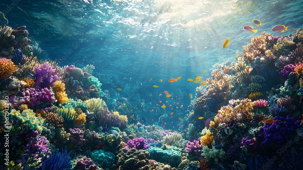 Naklejka premium Underwater Scene with Vibrant Coral Reef and Fish
