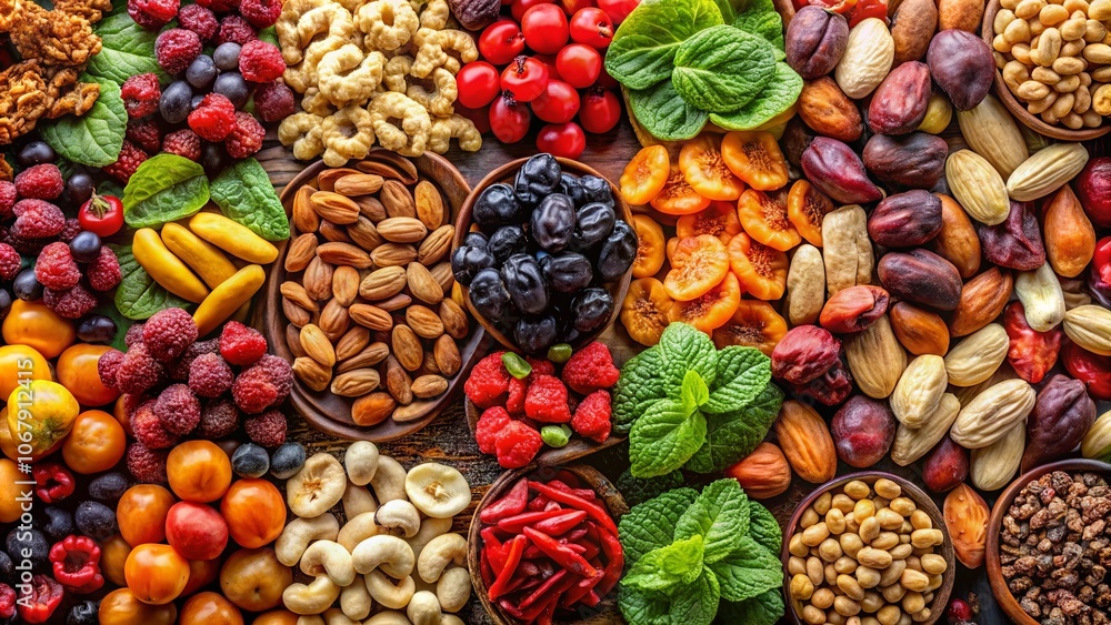 A vibrant collection of dried fruits, nuts, and berries in small bowls, arranged on a wooden surface, showcasing the diverse and colorful world of natural snacks. A vibrant collection of dried fruits, nuts, and berries in small bowls, arranged on a wooden surface, showcasing the diverse and colorful world of natural snacks.