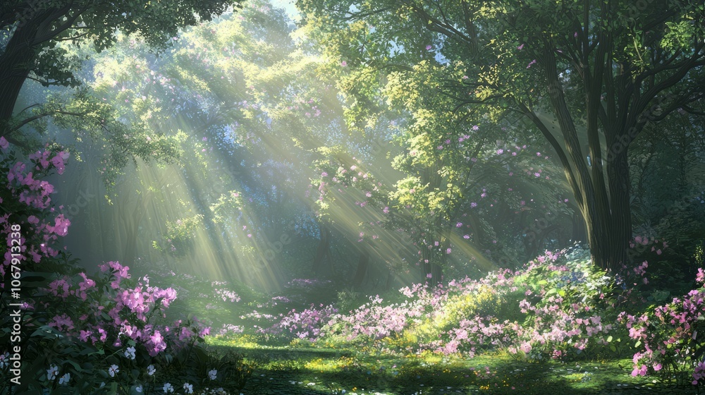 Contrast of Light and Shadow: Enchanting Forest Scene with Blooming Flowers and Looming Darkness Contrast of Light and Shadow: Enchanting Forest Scene with Blooming Flowers and Looming Darkness