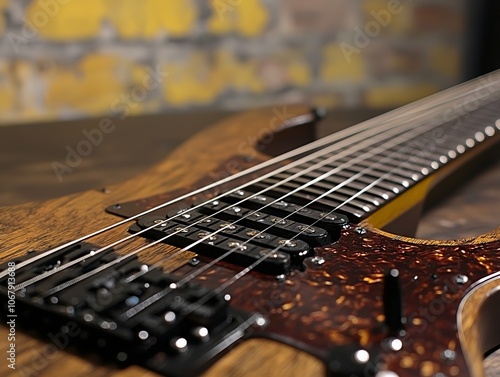 Close-up of a guitar showcasing its strings and body design.