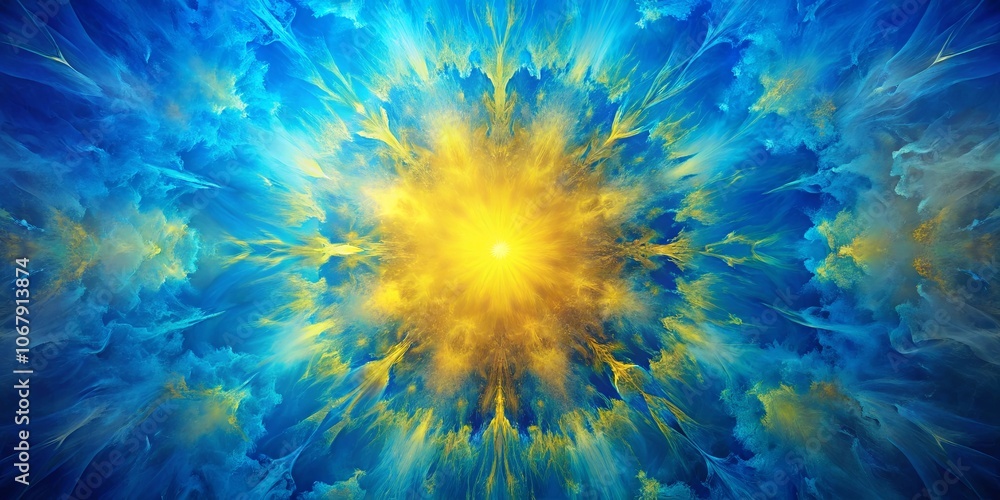 Fototapeta premium A luminous yellow orb radiating outward within a swirl of vibrant blue and yellow hues, creating a mesmerizing cosmic explosion of color.