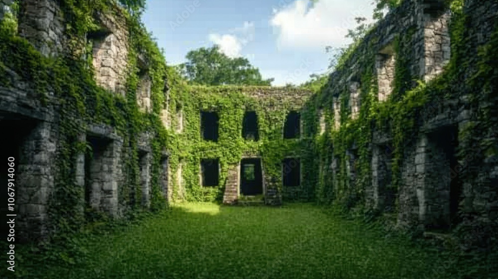 A lush, overgrown courtyard surrounded by crumbling stone walls, with windows partially obscured by greenery under a bright blue sky. A lush, overgrown courtyard surrounded by crumbling stone walls, with windows partially obscured by greenery under a bright blue sky.