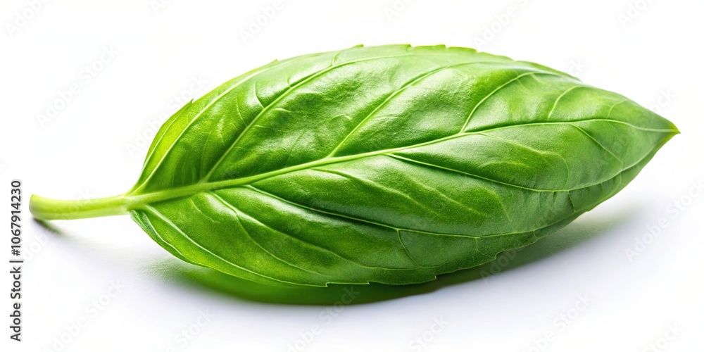 Fresh green basil leaf on a plain white background, herb, aromatic, culinary, ingredient, plant, natural, organic, fresh, green Fresh green basil leaf on a plain white background, herb, aromatic, culinary, ingredient, plant, natural, organic, fresh, green