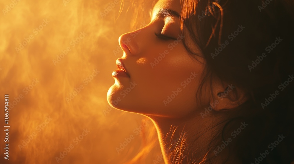 Woman with elegant makeup enjoying a calm moment in soft lighting, exuding serenity and beauty in a warm atmosphere Woman with elegant makeup enjoying a calm moment in soft lighting, exuding serenity and beauty in a warm atmosphere