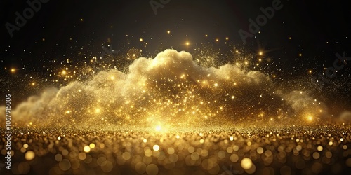 Gold particles glisten in the air, creating a mesmerizing cloud effect , gold, particles, glisten, air, sparkles photo