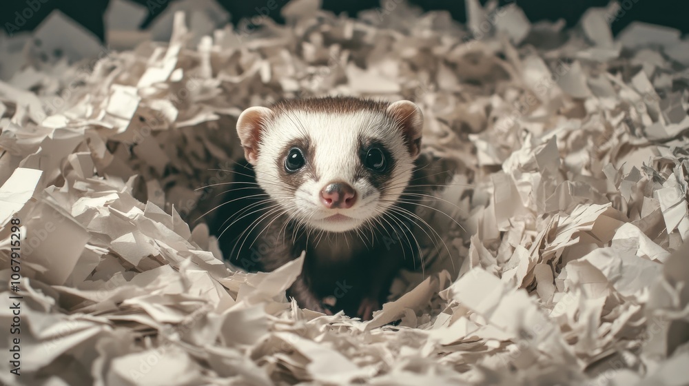 Curious Ferret Among Shredded Paper Nest Curious Ferret Among Shredded Paper Nest