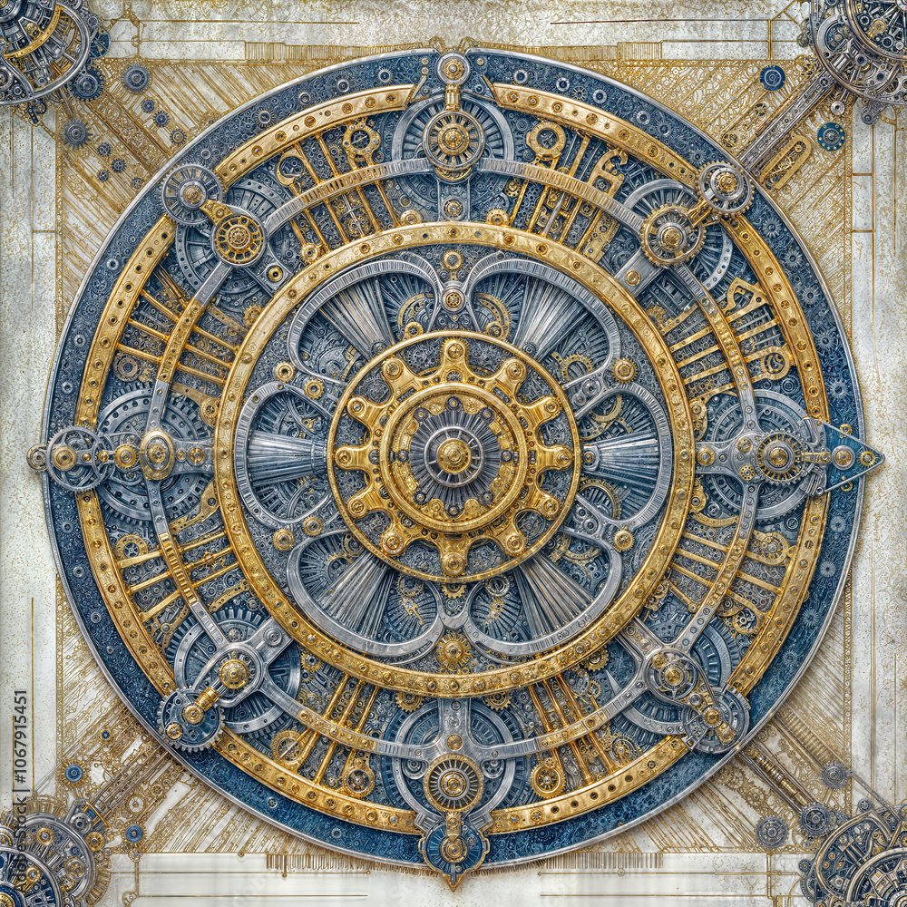 Intricate Mechanical Mandala with Gold and Silver Gears Intricate Mechanical Mandala with Gold and Silver Gears