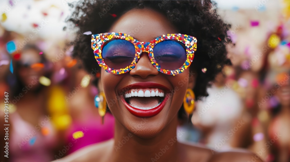 A joyful woman in colorful sunglasses smiles amidst a festive crowd. A joyful woman in colorful sunglasses smiles amidst a festive crowd.