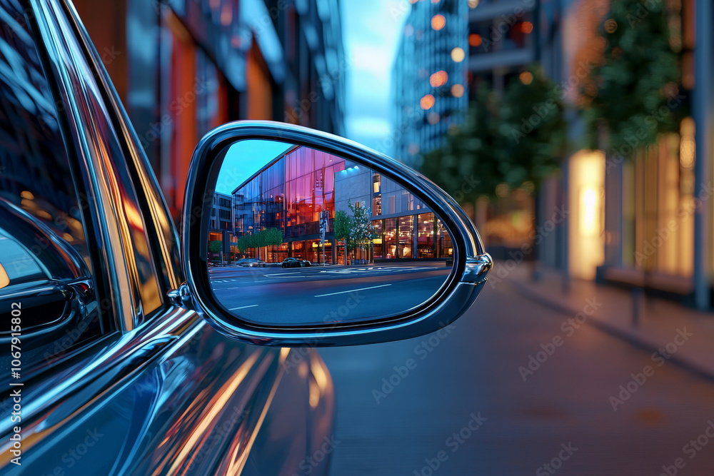 Shiny Chrome Side Mirror in Urban Setting Shiny Chrome Side Mirror in Urban Setting