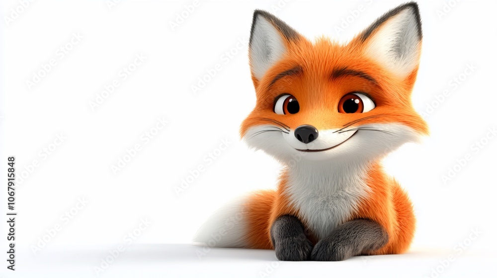 Obraz premium Adorable cartoon fox with big eyes and a fluffy tail, lying down on a white background, looking to the right with a friendly expression.