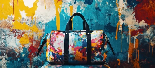 Colorful duffel bag with paint splatters on a wall. photo