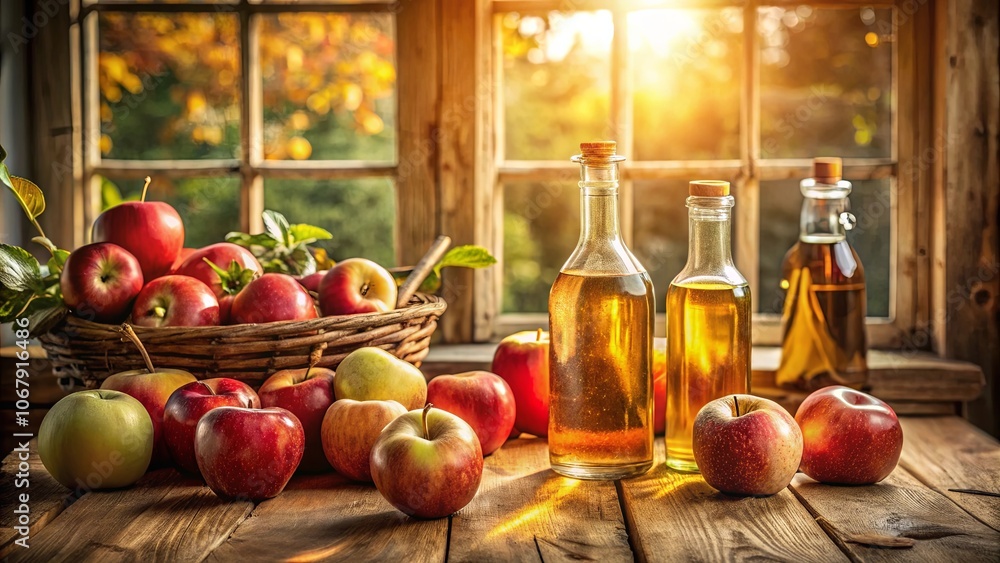 Golden Sunlight Illuminates a Rustic Setting with a Basket of Apples and Bottles of Amber Liquid Golden Sunlight Illuminates a Rustic Setting with a Basket of Apples and Bottles of Amber Liquid