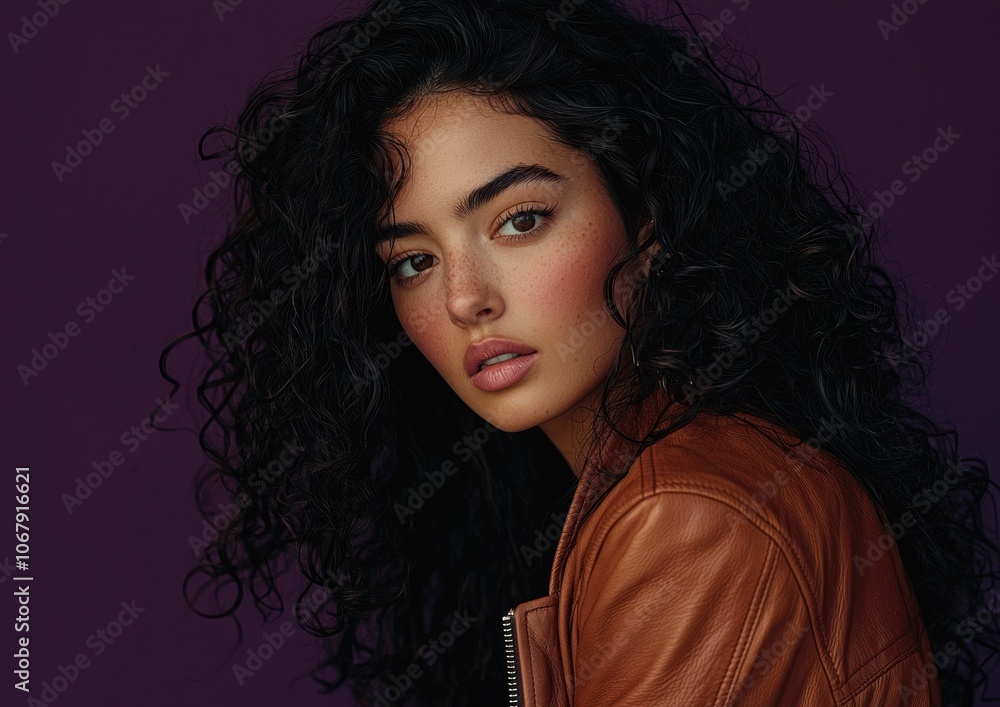 Fototapeta premium Attractive curly-haired woman, wearing a brown top, looking back at the camera, isolated on a dark purple background. This high-resolution photograph shows detailed skin and studio lighting. 