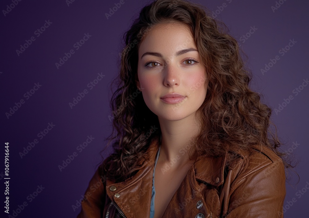 Attractive curly-haired woman, wearing a brown top, looking back at the camera, isolated on a dark purple background. This high-resolution photograph shows detailed skin and studio lighting. Attractive curly-haired woman, wearing a brown top, looking back at the camera, isolated on a dark purple background. This high-resolution photograph shows detailed skin and studio lighting.