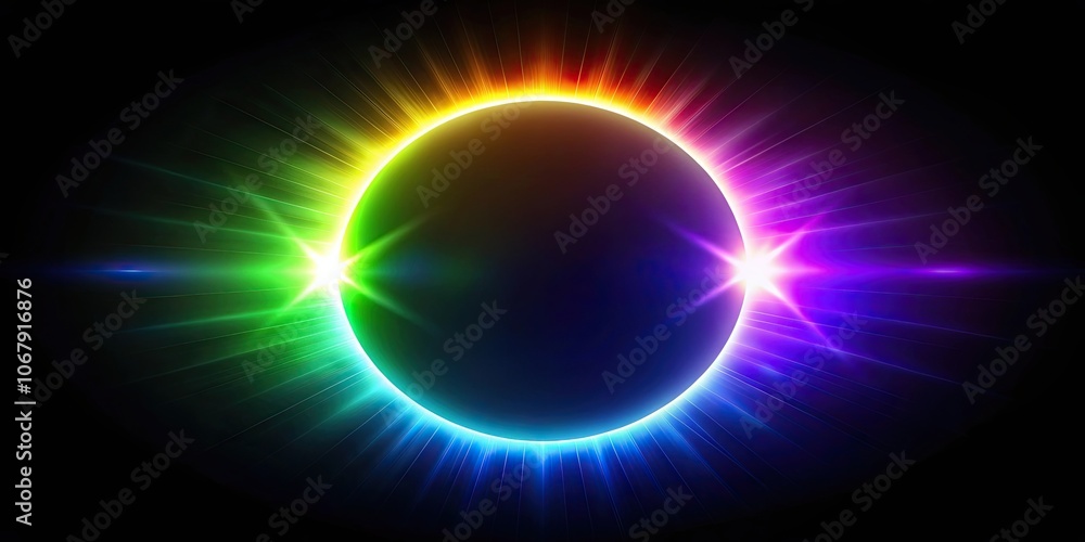 Solar eclipse overlay effect with neon blue, yellow, green, and purple blazing star edge behind planet in a dark sky Solar eclipse overlay effect with neon blue, yellow, green, and purple blazing star edge behind planet in a dark sky