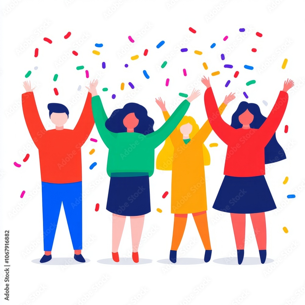 Obraz premium Four people celebrating with raised hands and confetti.