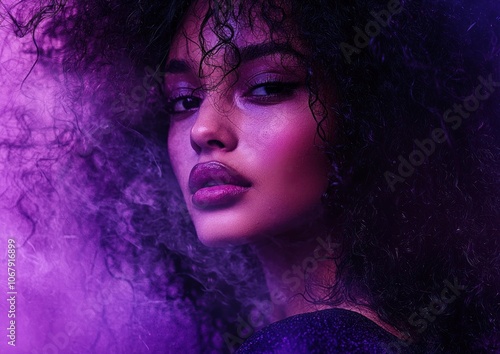 Attractive curly-haired woman, wearing a brown top, looking back at the camera, isolated on a dark purple background. This high-resolution photograph shows detailed skin and studio lighting. 