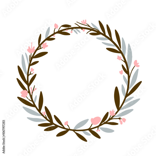 Easter wreath with Easter eggs, flowers, leaves and branches on a white background. Decorative frame with Easter elements.