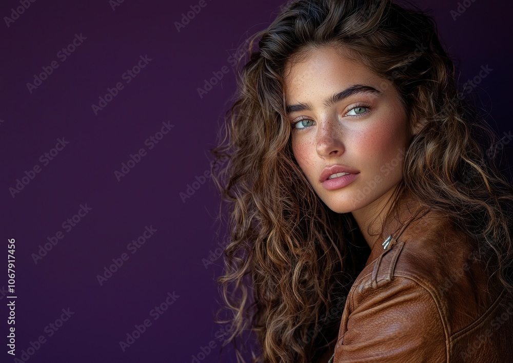 Attractive curly-haired woman, wearing a brown top, looking back at the camera, isolated on a dark purple background. This high-resolution photograph shows detailed skin and studio lighting. Attractive curly-haired woman, wearing a brown top, looking back at the camera, isolated on a dark purple background. This high-resolution photograph shows detailed skin and studio lighting.