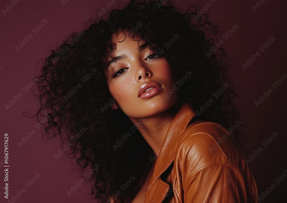 Attractive curly-haired woman, wearing a brown top, looking back at the camera, isolated on a dark purple background. This high-resolution photograph shows detailed skin and studio lighting. Attractive curly-haired woman, wearing a brown top, looking back at the camera, isolated on a dark purple background. This high-resolution photograph shows detailed skin and studio lighting.