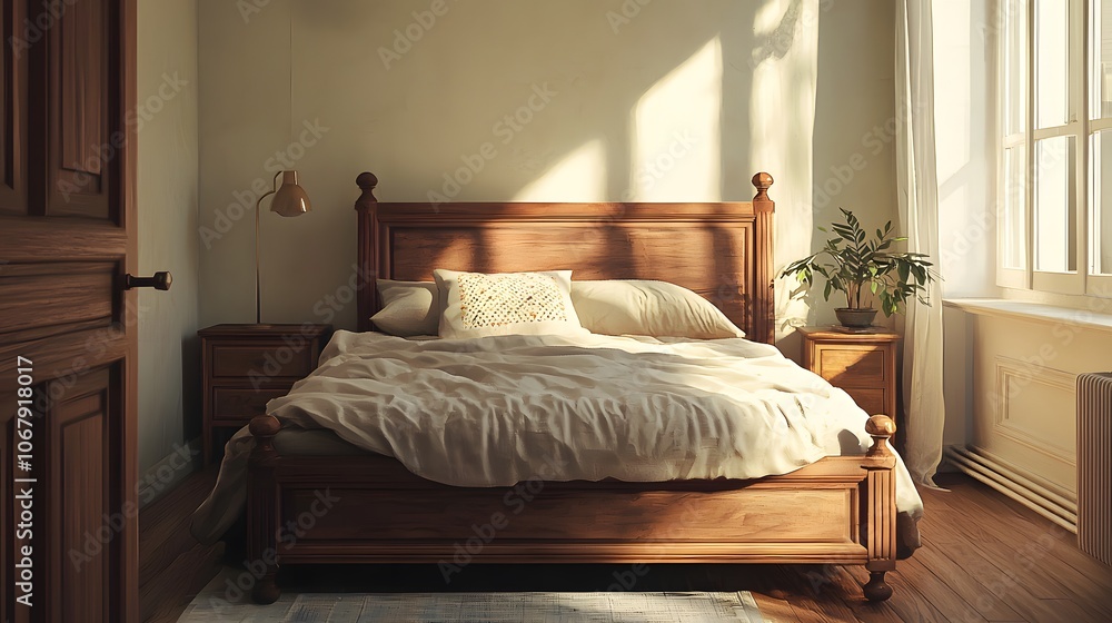 Wooden Bed with White Linens and Sunbeams in a Bedroom Wooden Bed with White Linens and Sunbeams in a Bedroom