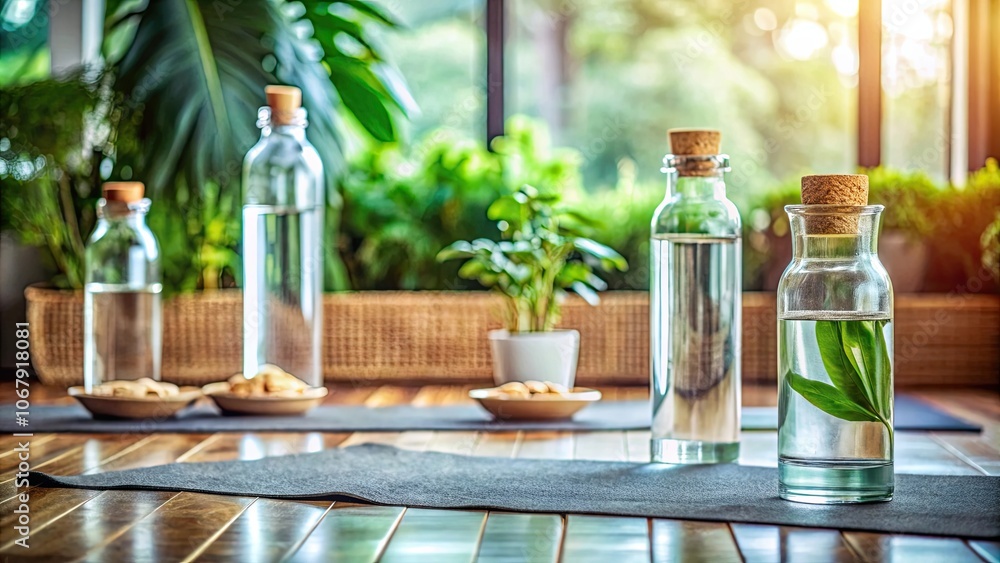 Wellness retreat with yoga on cork mats and infused water served in glass bottles , Eco-friendly Wellness retreat with yoga on cork mats and infused water served in glass bottles , Eco-friendly