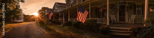 American flags hang from the from porches of a line of 10 vintage homes as the sun sets