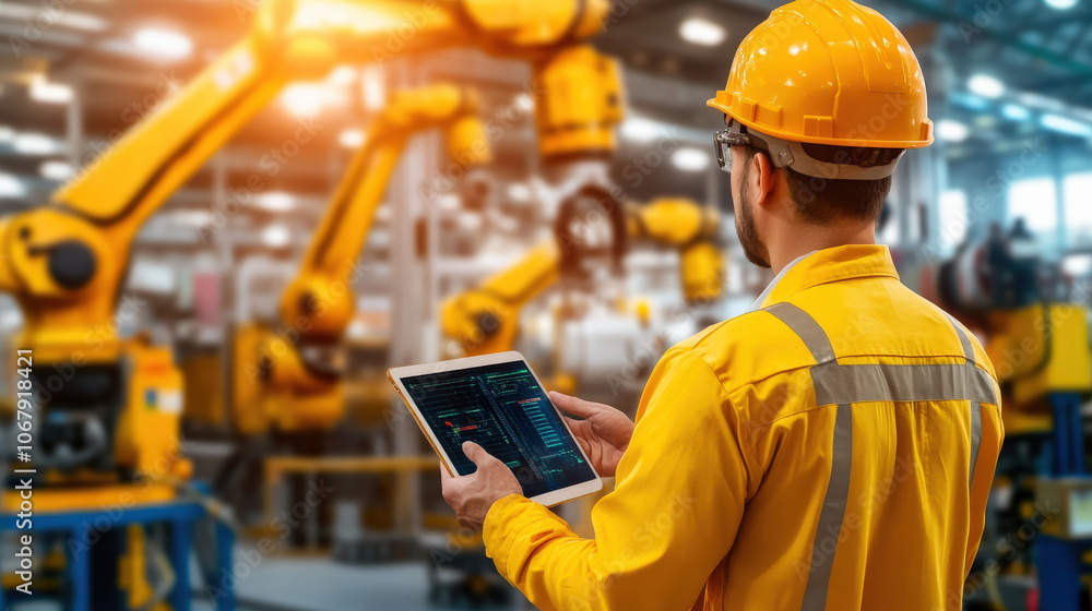 man in yellow safety jacket and helmet oversees automated production lines using tablet. industrial setting features robotic arms and machinery, showcasing modern technology man in yellow safety jacket and helmet oversees automated production lines using tablet. industrial setting features robotic arms and machinery, showcasing modern technology