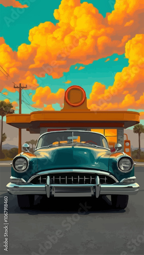 Car gas station in retro style. Classic car with gas station.  9:16