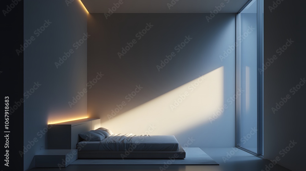 Minimalist Bedroom with Bed, Soft Lighting, and Large Window Minimalist Bedroom with Bed, Soft Lighting, and Large Window
