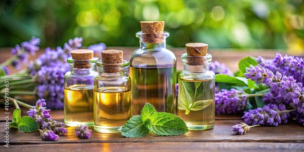 Vertical composition of peppermint oil bottles and lavender flowers , Aromatherapy, essential oils, relaxation Vertical composition of peppermint oil bottles and lavender flowers , Aromatherapy, essential oils, relaxation