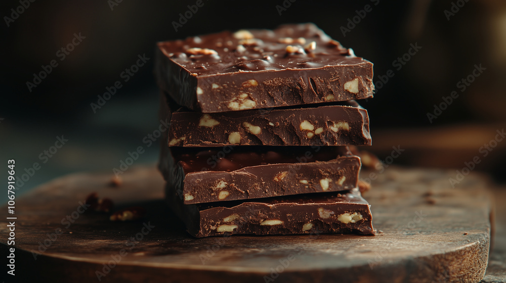 A stack of chocolate bars with visible pieces of nuts, placed on a wooden surface. A stack of chocolate bars with visible pieces of nuts, placed on a wooden surface.